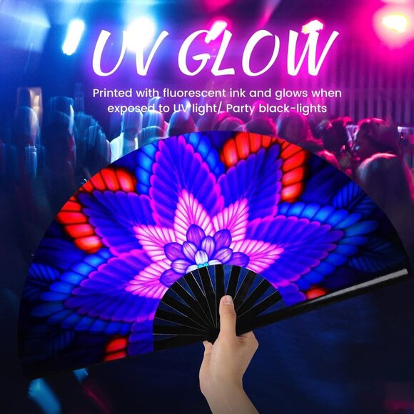 Folding Hand Fan for Rave, UV Glow Fan, Large Bamboo Fan for Drag Queen, Women a - Picture 7 of 8